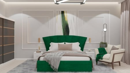 Colectii Dormitor - Dormitor Lion cu Pat Tapitat Stofa Verde cu dulap 200*200 usi glisante Antracit&Alb , noptiere si comoda