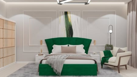 Colectii Dormitor - Dormitor Lion cu Pat Tapitat Stofa Verde cu dulap 200*200 usi glisante Sonoma&Alb , noptiere si comoda