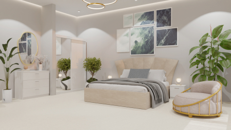 Colectii Dormitor - Dormitor Lion Tapitat Bej 2 Usi Alb cu Oglinda