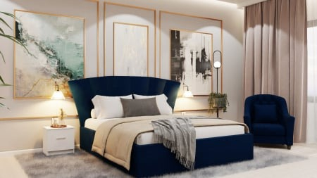 Colectii Dormitor - Dormitor Lion Tapitat Stofa Albastru cu dulap 250*200 usi glisante Alb, noptiere si comoda