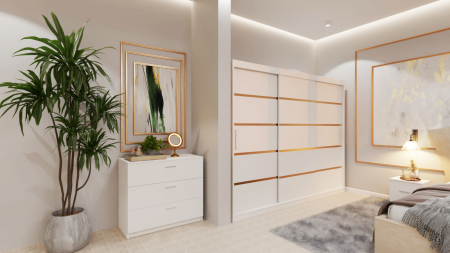 Dormitor Lion Tapitat Stofa Bej cu dulap 250*200 usi glisante Alb, noptiere si comoda [1]