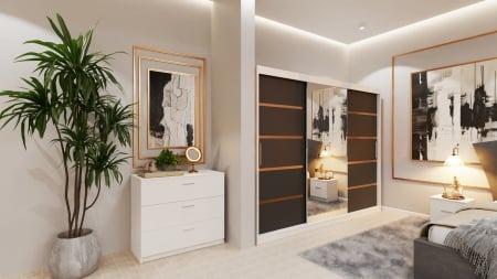 Dormitor Lion Tapitat Stofa Gri cu dulap 250*200 usi glisante Alb&Antracit cu Oglinda, noptiere si comoda [1]