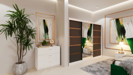Dormitor Lion Tapitat Stofa Verde cu dulap 250*200 usi glisante Alb&Antracit cu Oglinda, noptiere si comoda [1]