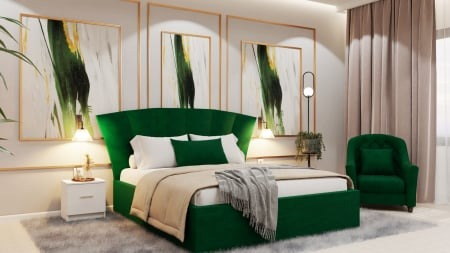 Colectii Dormitor - Dormitor Lion Tapitat Stofa Verde cu dulap 250*200 usi glisante Alb&Sonoma, noptiere si comoda