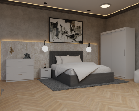 Colectii Dormitor - Dormitor Luiza Pat Tapitat Dressing 150x200 Alb 2 usi