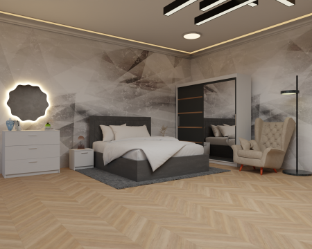 Colectii Dormitor - Dormitor Luiza Pat Tapitat Dressing 200x200 Alb&Antracit cu oglinda