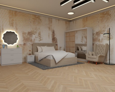 Colectii Dormitor - Dormitor Luiza Pat Tapitat Dressing 200x200 Alb cu oglinda