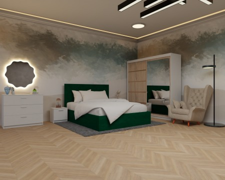 Colectii Dormitor - Dormitor: Luiza Pat Tapitat Dressing 200x200 Alb&Sonoma 2 Usi cu Oglinda