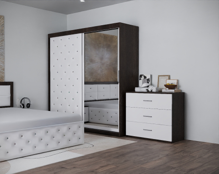 Dormitoare Set - Dormitor Naybet New Wenge&Alb Tapitat 2 Usi cu Oglinda