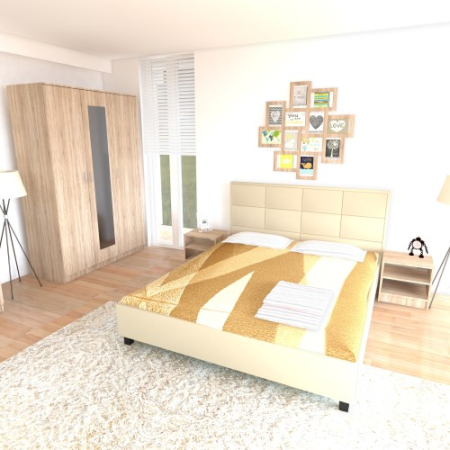Dormitor Soft Sonoma cu pat tapitat bej pentru saltea 120x200 cm [4]