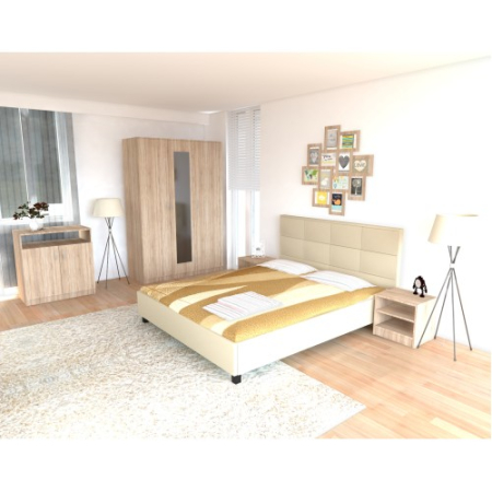 Dormitoare Set - Dormitor Soft Sonoma cu pat tapitat bej pentru saltea 140x200cm