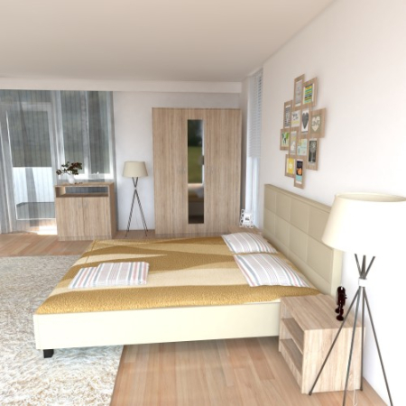 Dormitor Soft Sonoma cu pat tapitat bej pentru saltea 160x200 cm [3]