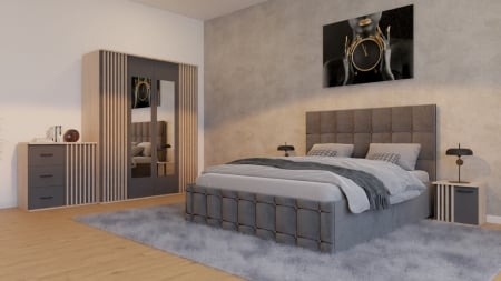 Dormitoare Set - Dormitor Supreme Cu Pat Regal Tapitat Gri