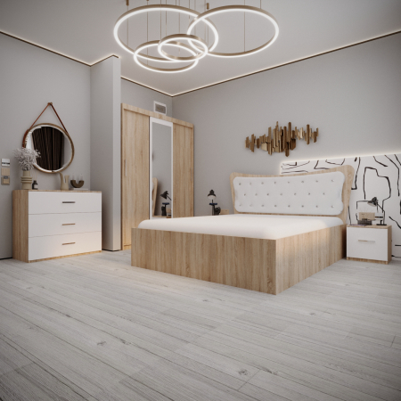 Dormitoare Set - Dormitor Vancy Tapitat Sonoma&Alb 3 usi
