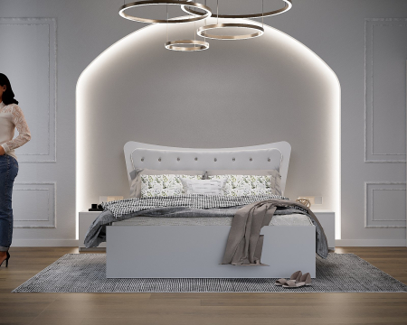 Dormitoare Set - Dormitor Vegas Tapitat Alb Dressing 3 usi cu Oglinda 250x200