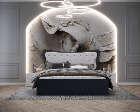 Dormitoare Set - Dormitor Vegas Tapitat Alb&Gri Antracit Dressing 3 usi cu Oglinda 250x200