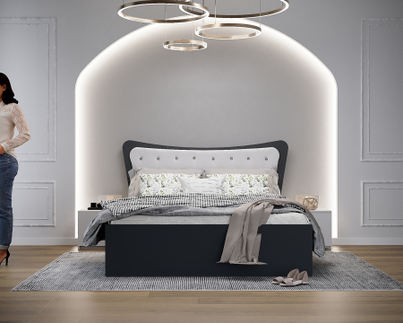 Dormitoare Set - Dormitor Vika cu Pat Tapitat Antracit&Alb cu dulap 200*200 usi glisante AntracitAlb cu Oglinda, noptiere si comoda