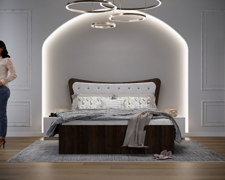 Dormitoare Set - Dormitor Vika cu Pat Tapitat Wenge&Alb cu dulap 200*200 usi glisante Wenge&Alb cu Oglinda, noptiere si comoda