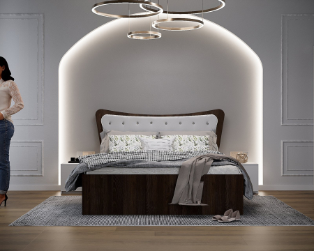 Dormitoare Set - Dormitor Vika cu Pat Tapitat Wenge&Alb cu dulap 200*200 usi glisante Wenge&Alb, noptiere si comoda