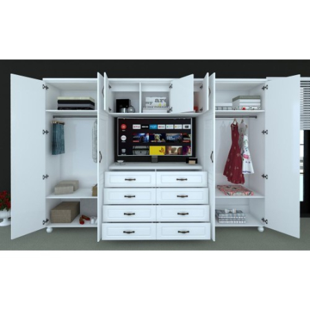 Dulap Dynasty Dormitor Alb 7 usi si 8 sertare cu spatiu pentru televizor [10]