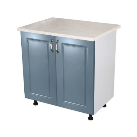 Bucatarii Modulare - Masca pentru chiuveta cu 2 usi 80 cm Zebra, Alb/MDF Albastru cu blat Travertin, 80 x 85 x 60 cm