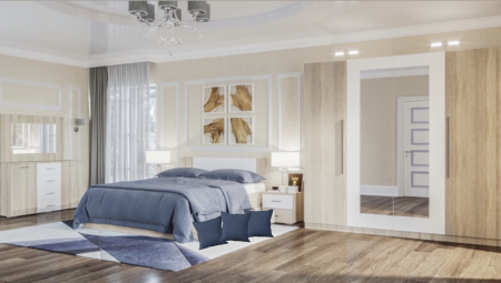 Dormitoare Set - Mobila dormitor Lagos, cu pat, comoda, noptiera, dulap, sonoma/alb