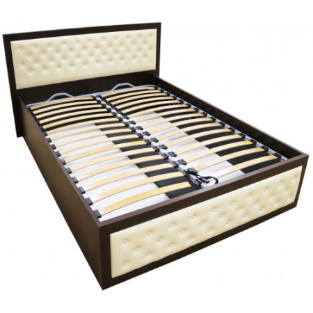 Paturi - Pat Torino 140x200 cm cu somiera metalica rabatabila si lada, Wenge / Piele ecologica bej