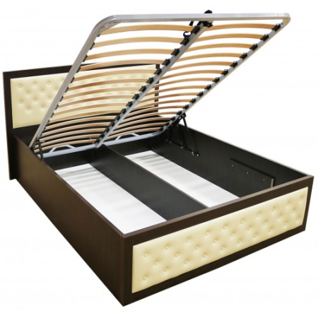 Pat Torino 140x200 cm cu somiera metalica rabatabila si lada, Wenge / Piele ecologica bej [2]