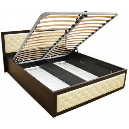 Pat Torino 160x200 cm cu somiera metalica rabatabila si lada, Wenge / Piele ecologica bej [2]