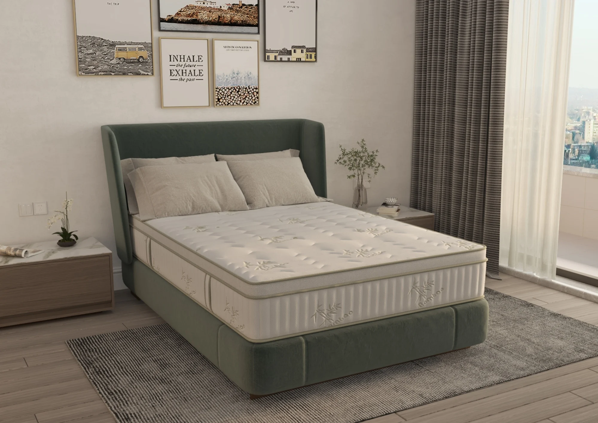 Mobilier Dormitor - Saltea cu memorie si arcuri Bambus Super Confort Pocket Multilayer, inaltime 25 cm, husa matlasata, sistem 3D, manere, fermitate medie