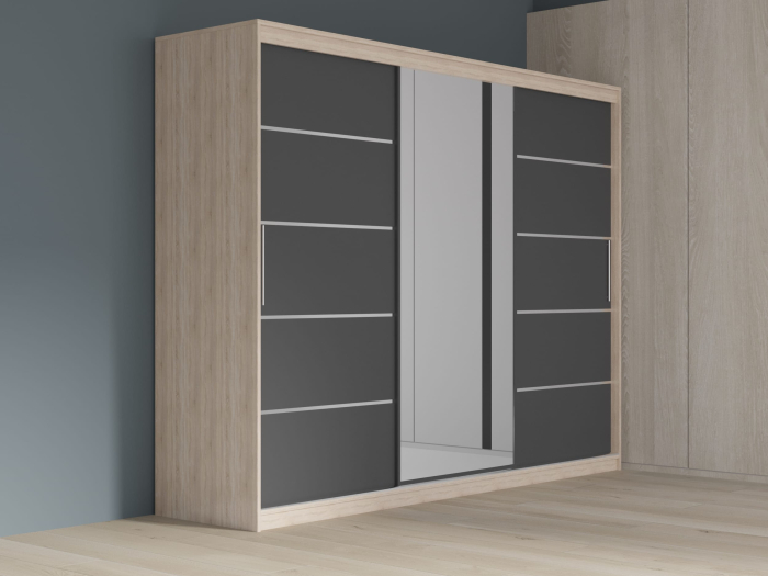 Dulap cu 3 usi glisante Atlantic cu oglinda, 250 cm, Sonoma/Gri [1]