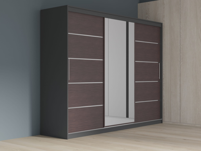 Dulap cu 3 usi glisante Atlantic cu oglinda, 250 cm, Gri/Wenge [1]