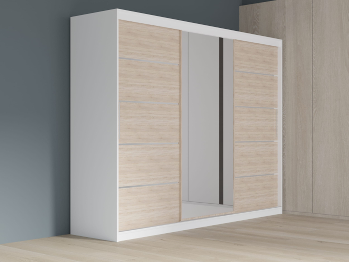 Dulap cu 3 usi glisante Atlantic cu oglinda, 250 cm, Alb/Sonoma [1]