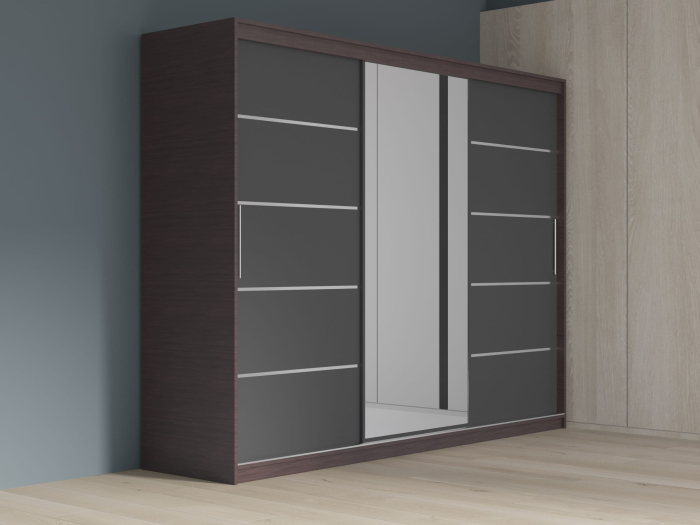 Dulap cu 3 usi glisante Atlantic cu oglinda, 250 cm, Wenge/Gri [1]