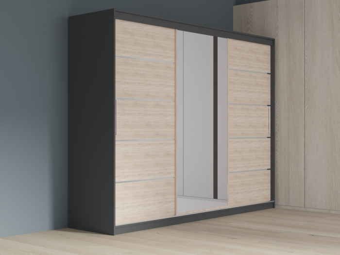 Dulap cu 3 usi glisante Atlantic cu oglinda, 250 cm, Gri/Sonoma [1]