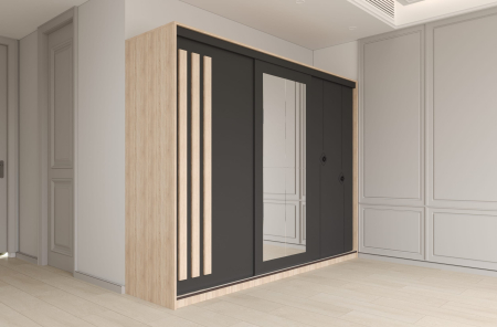 Dulapuri Paris 200 - Dulap cu 3 usi glisante cu oglinda, Paris, 200 cm, Sonoma/Gri