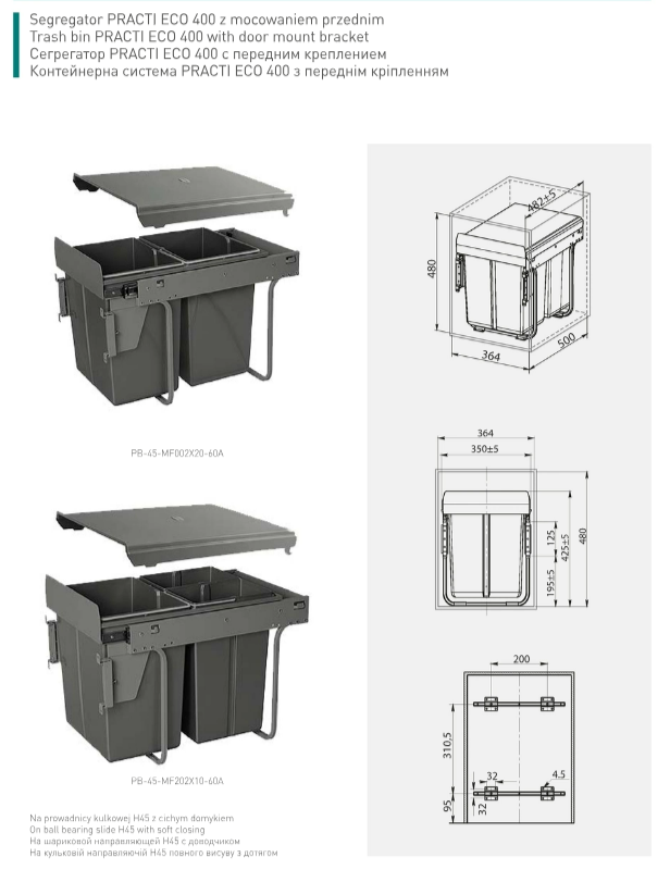 Furniture Hardware - PB-45-MF002X20-60A Waste bin PRACTI ECO 400, 2×20 l, with soft-close, anthracite