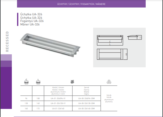 Manere incadrate - UA-00-326096 Handle UA-326, 96 mm, aluminum