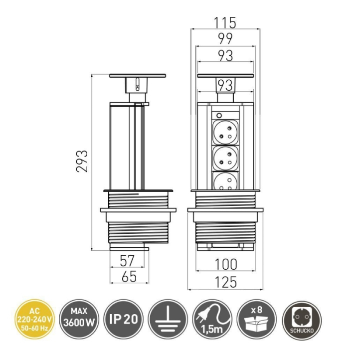 Priză încorporată retractabilă 3 locuri cu împământare 112mm negru GTV AE-BPW3GS-20 [2]