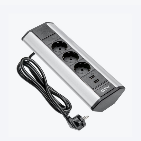 Catalog de produse - Prelungitor pentru blat 3 prize GTV silver 2xUSB 2.1A 5V colt 90 grade 1.5m, AE-PBKT3S2U-80