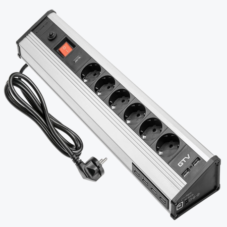 Catalog de produse - Prelungitor pentru oficiu 6 prize 6xUSB argintiu-negru GTV MULTI AE-PBMUL6S6U-53