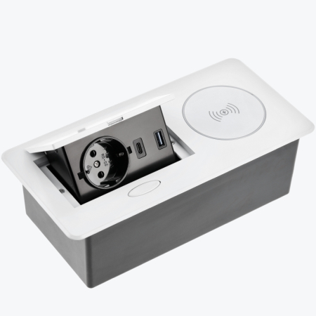 GTV - Priză încorporată retractabilă 1 loc cu împământare USB și încărcare fără fir alba GTV AVARO PLUS AE-PB1SAVAP-10