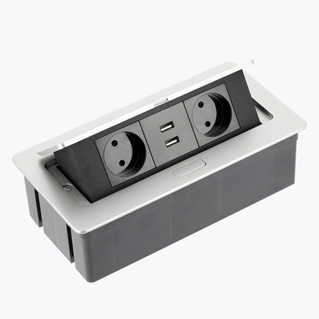 GTV - Priză încorporată retractabilă 2 locuri cu împământare 2хUSB aluminiu GTV AE-PBSUC2GS-53