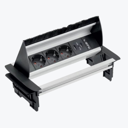 GTV - Priză încorporată retractabilă 3 locuri cu împământare 2xUSB, cu perie pentru gestionarea cablurilor argintiu GTV AE-PBC3GS2U-53B