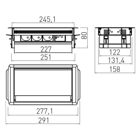 Priză încorporată retractabilă 3 locuri cu împământare 2xUSB, cu perie pentru gestionarea cablurilor argintiu GTV AE-PBC3GS2U-53B [1]