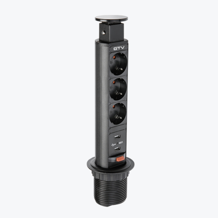 GTV - Built-in pop-up socket outlet, 3-way, grounded, 60mm, 2xUSB, black, GTV AE-BPW3S60U-20