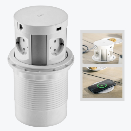 Prize incorporabile - Priză încorporată retractabilă 4 locuri cu împământare 120mm 2xUSB,2xRJ45 și încărcare fără fir alb GTV COMFORT PLUS AE-BPW4S120P-10