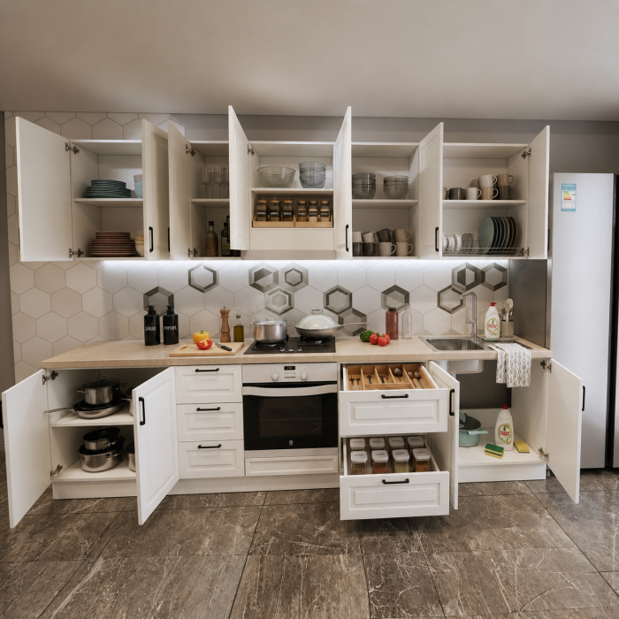 Bucatarie Aria 3.2 M, alb murdar, MDF frezat vopsit [2]