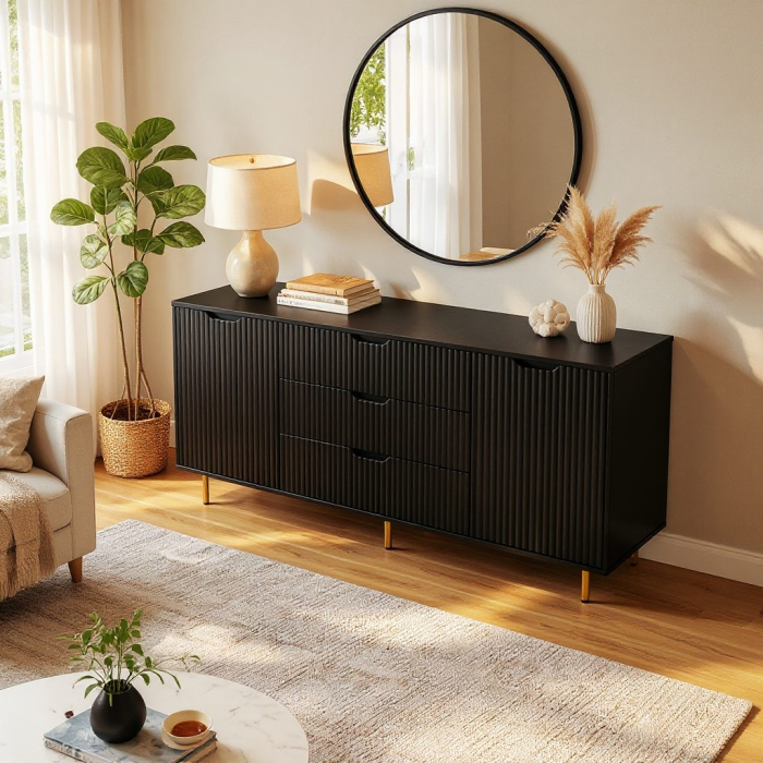 Comoda Linea Noir, 3 sertare, 2 usi, MDF frezat negru mat [4]