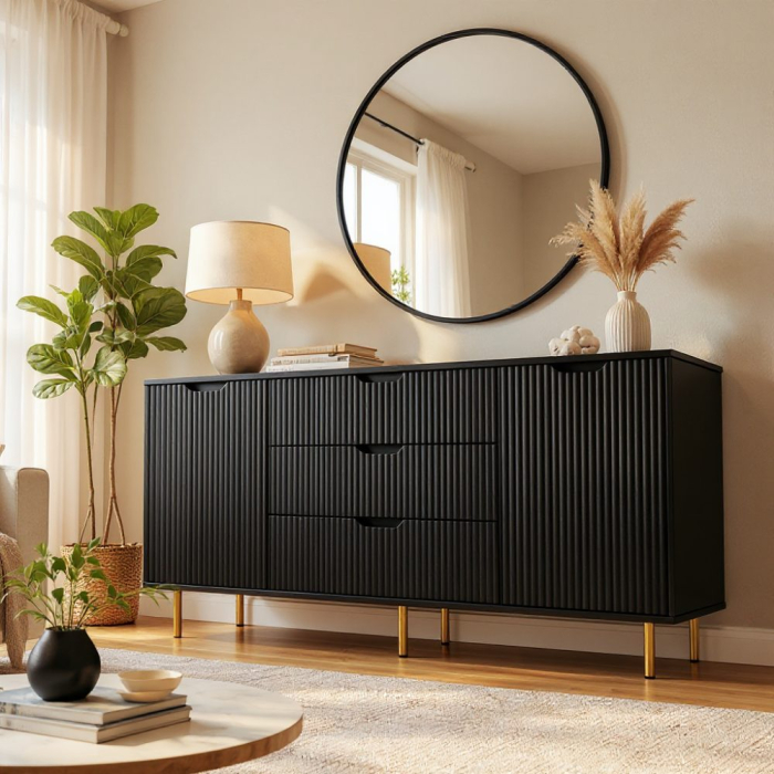 Comoda Linea Noir, 3 sertare, 2 usi, MDF frezat negru mat [2]